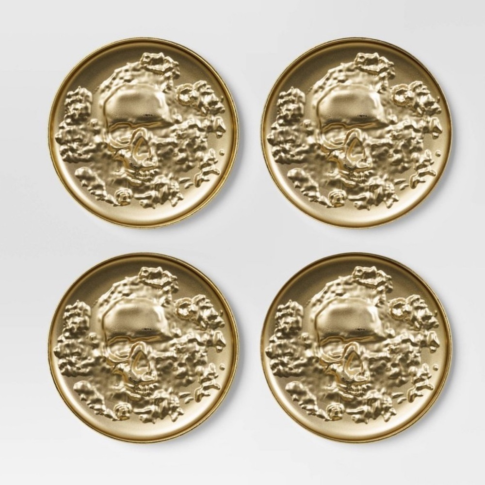 Target Threshold Metal Coasters Gold Embossed Skull 4 Pack Halloween Party New